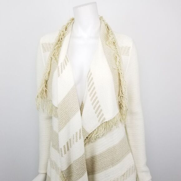 Ella Moss Gold Shimmer Striped Fringe Cardigan XS - Picture 2 of 7